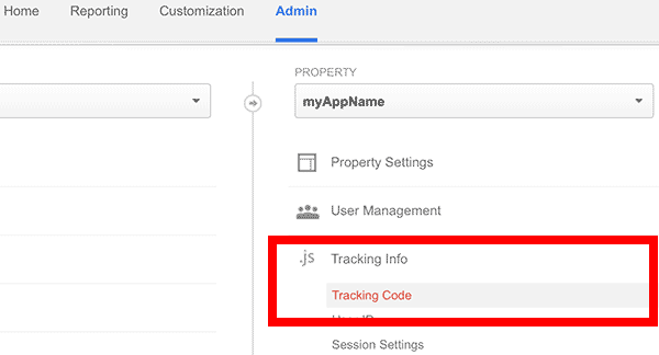 tracking menu in the admin section of GA