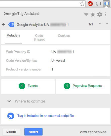 tag assistant feedback shows GA working