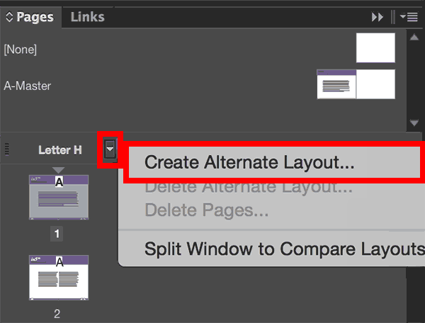 use the Pages panel to create a new Alternate Layout