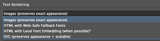 text rendering menu with default option selected